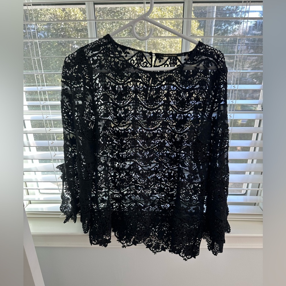 Kobi Halperin Black Crochet Lace Long-Sleeve Top